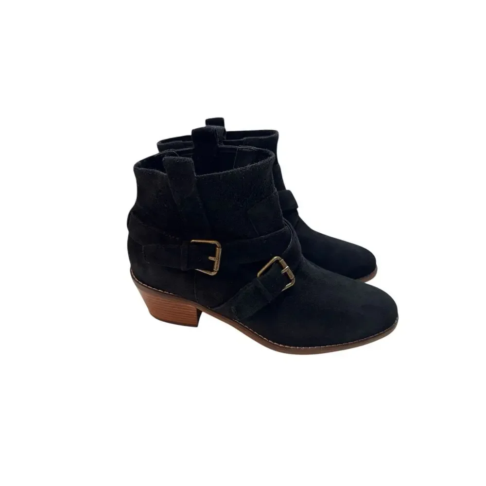 Cole Haan Grand.OS Black Suede Moto Ankle Booties Buckle Strap 2” Heel Women’s 6